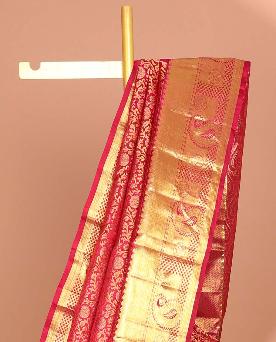 Red floral jacquard kancheepuram silk aree with self intricate zari border & floral zari design pallu