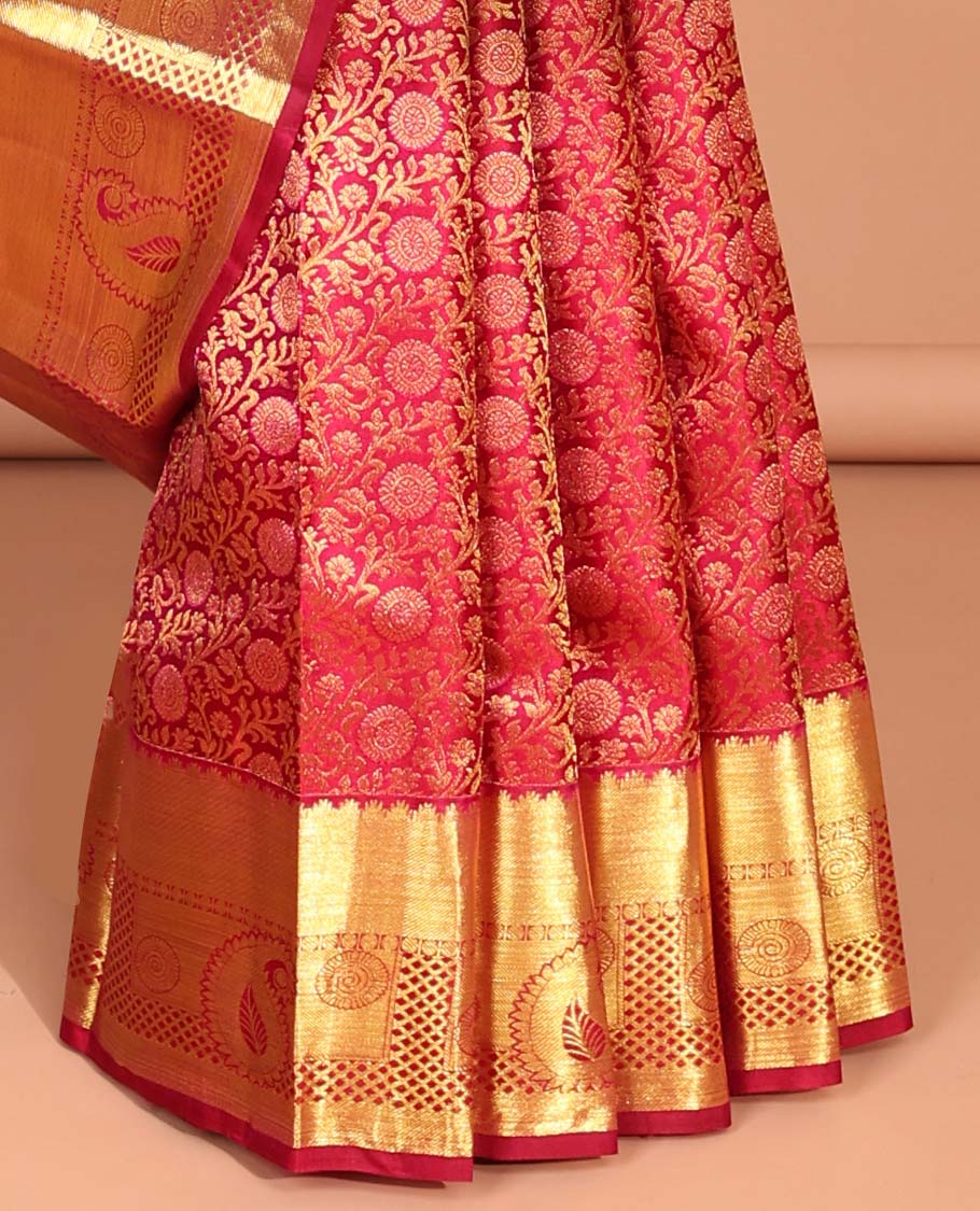 Red floral jacquard kancheepuram silk aree with self intricate zari border & floral zari design pallu