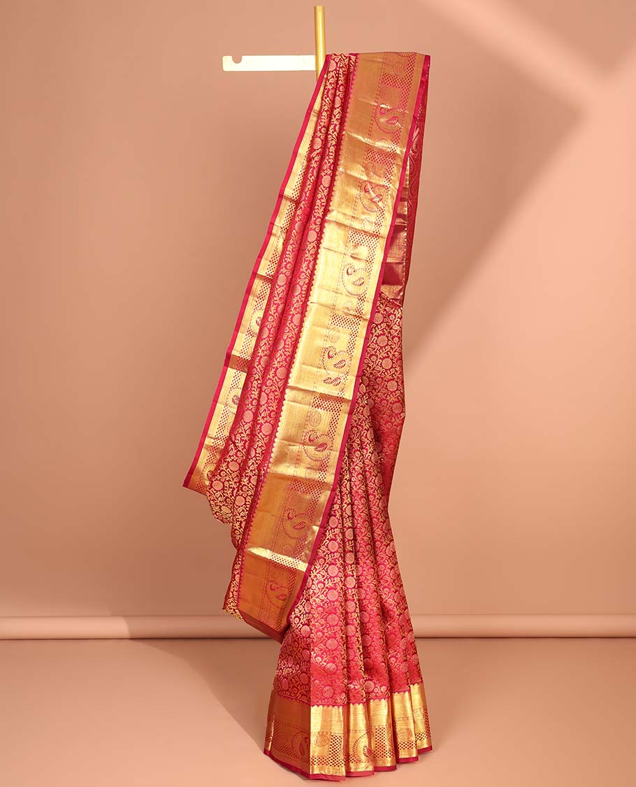 Red floral jacquard kancheepuram silk aree with self intricate zari border & floral zari design pallu