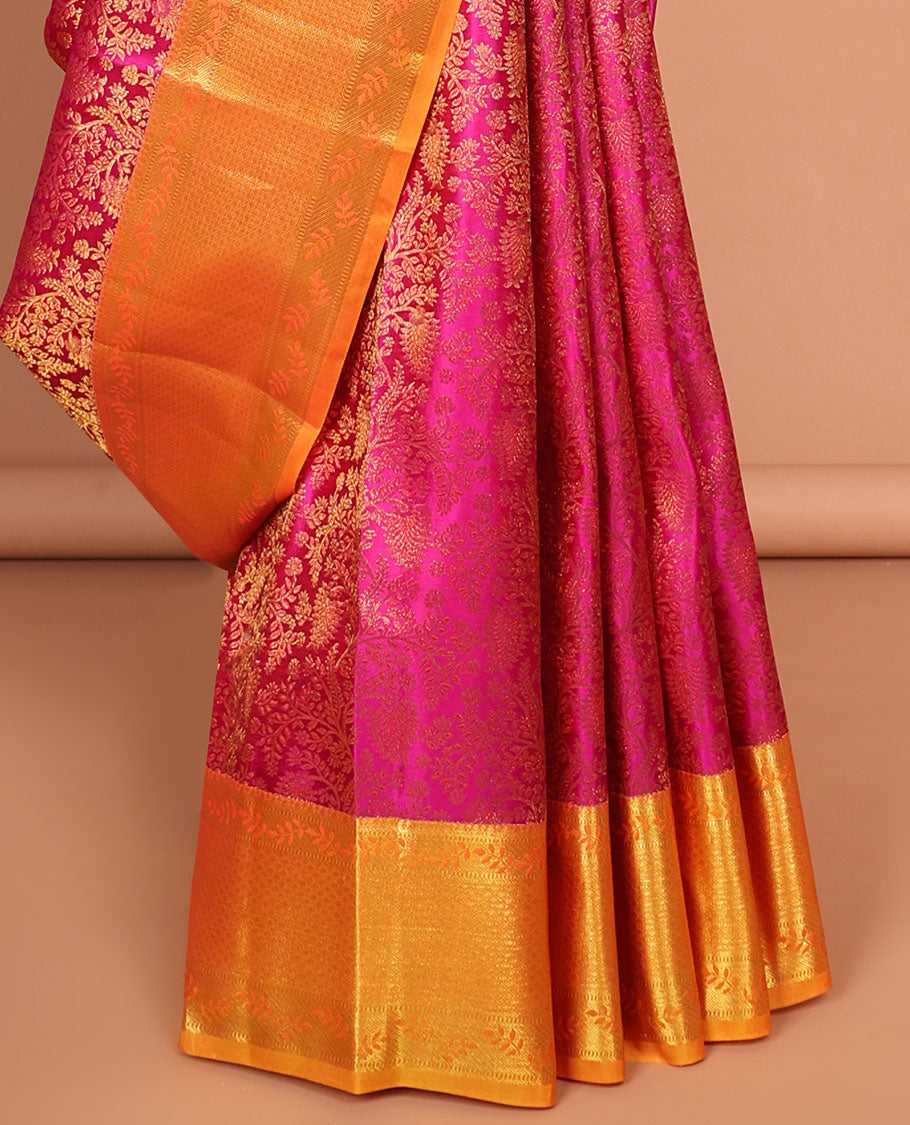 Pink floral jacquard kancheepuram silk saree with contrast zari design border & argyle design pallu