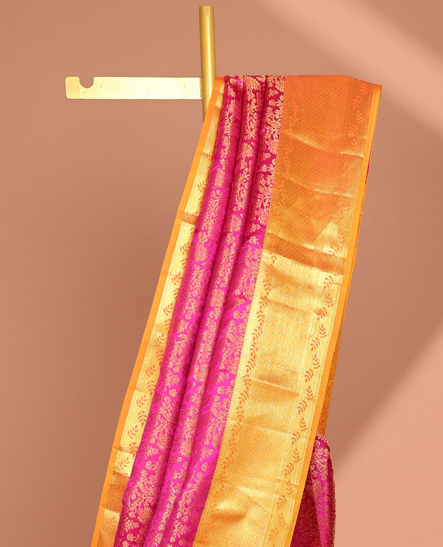 Pink floral jacquard kancheepuram silk saree with contrast zari design border & argyle design pallu
