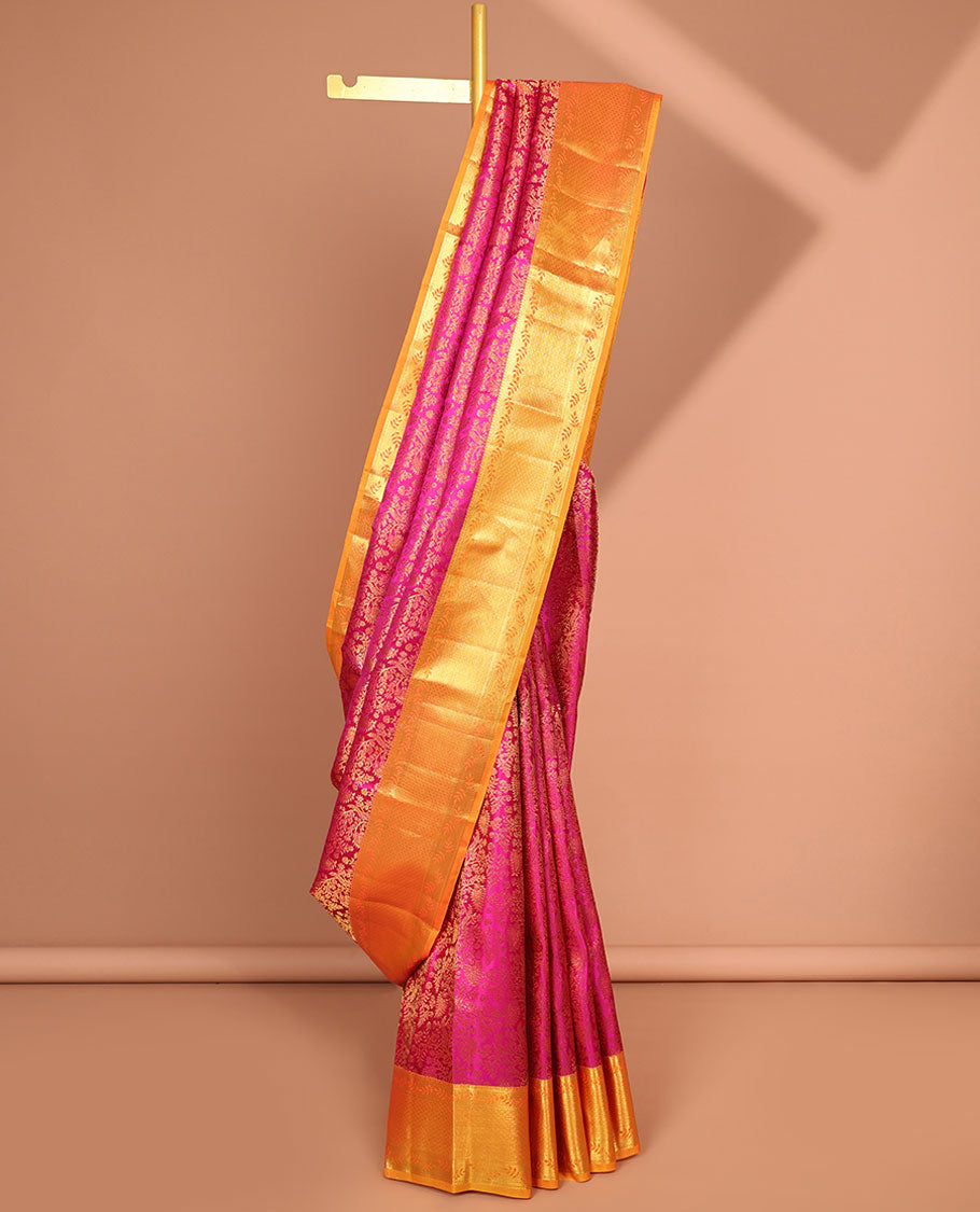 Pink floral jacquard kancheepuram silk saree with contrast zari design border & argyle design pallu