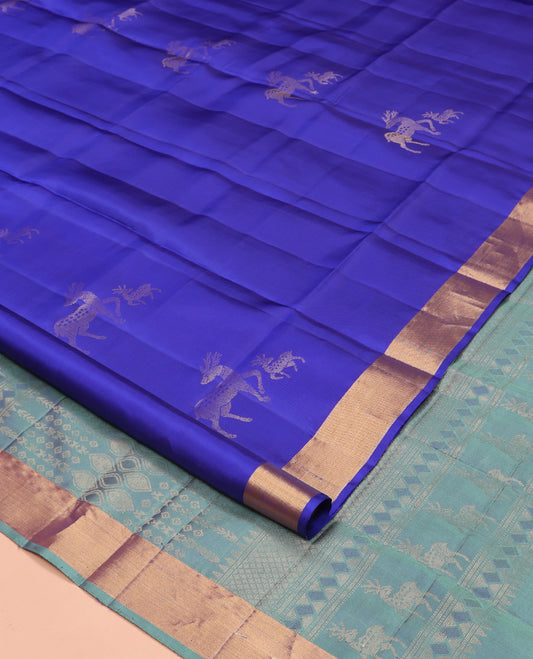 Blue Mayuri Lite Silk Mix Saree, Adorned with Maan Buttas, a Bavanji Border, Contrast Geometric Pallu, and a Contrast Blouse