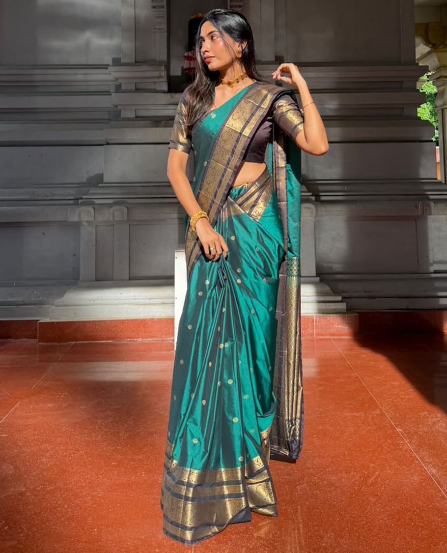 Green Budget Silk Saree with Zari Buttas, a Contrast Traditional Zari  Border, Grand Pallu,Contrast Blouse