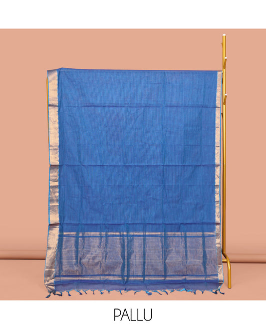 Blue Sparsely Striped Mangalgiri Cotton Saree, Highlighted by a Zari Border, Gleaming Zari-Striped Pallu, and Paired with a Matching Blouse