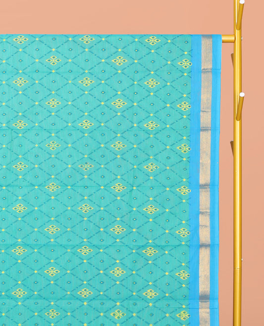 Blue Chirala Cotton Saree, Adorned with an Argyle Design, a Zari Border, Contrast Peacock Pallu, and a Contrast Blouse