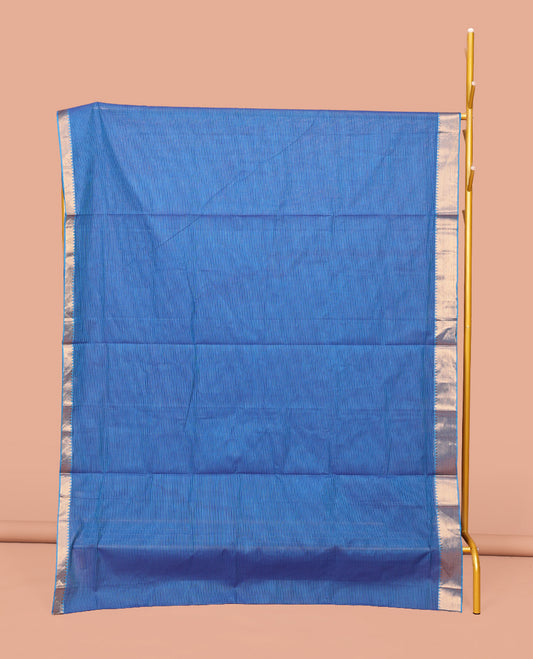 Blue Sparsely Striped Mangalgiri Cotton Saree, Highlighted by a Zari Border, Gleaming Zari-Striped Pallu, and Paired with a Matching Blouse