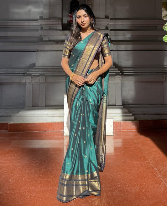 Green Budget Silk Saree with Zari Buttas, a Contrast Traditional Zari  Border, Grand Pallu,Contrast Blouse
