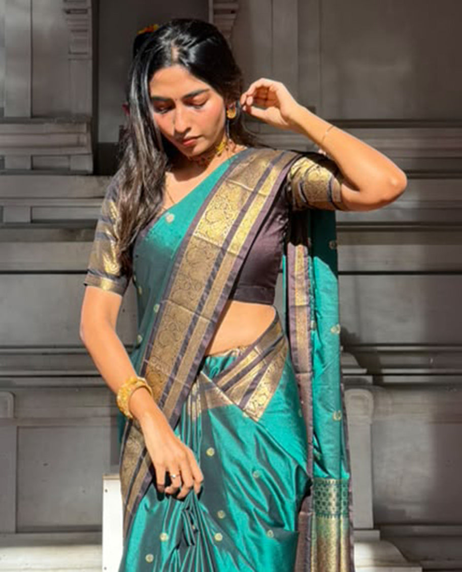 Green Budget Silk Saree with Zari Buttas, a Contrast Traditional Zari  Border, Grand Pallu,Contrast Blouse