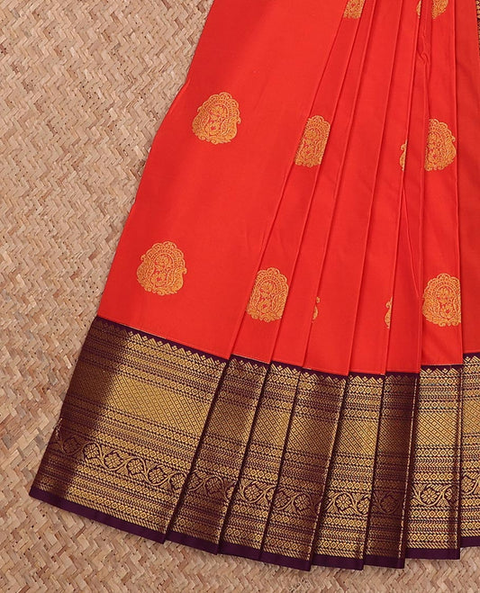Orange zari buttas gift saree, contrast traditional zari design border, and jaal pallu