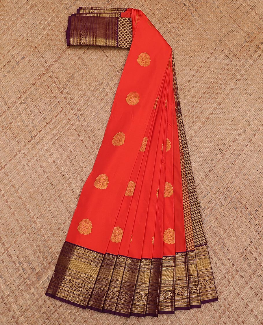 Orange zari buttas gift saree, contrast traditional zari design border, and jaal pallu