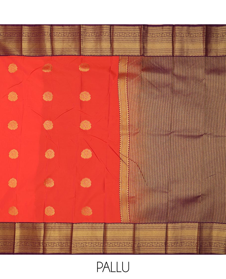 Orange zari buttas gift saree, contrast traditional zari design border, and jaal pallu