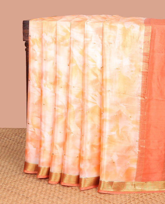 Cream floral printed mysore silk saree with polka dot, self zari border & striped border