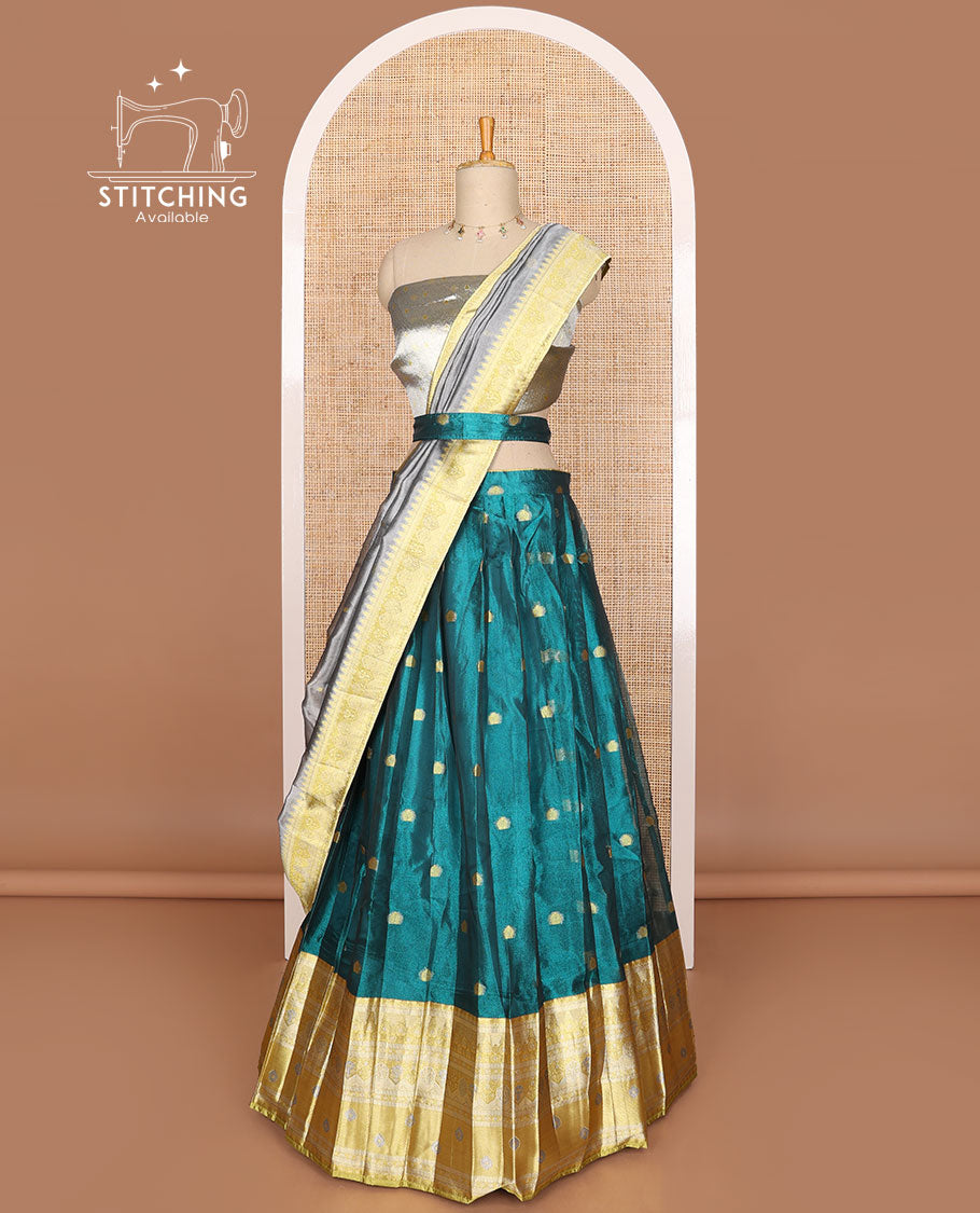Blue buttas tissue half saree with contrast zari design border, zari design blouse & floral design dhavani