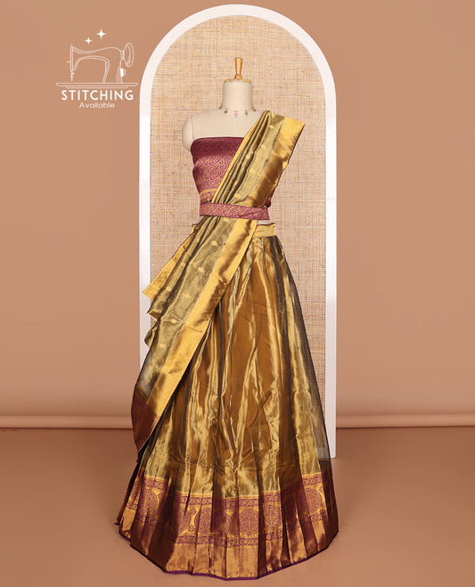 Brown  floral butta tissue half saree with contrast zari design border, floral zari design blouse & floral design dhavani