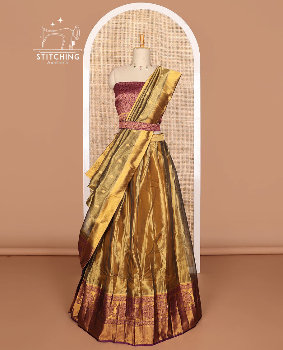 Brown  floral butta tissue half saree with contrast zari design border, floral zari design blouse & floral design dhavani