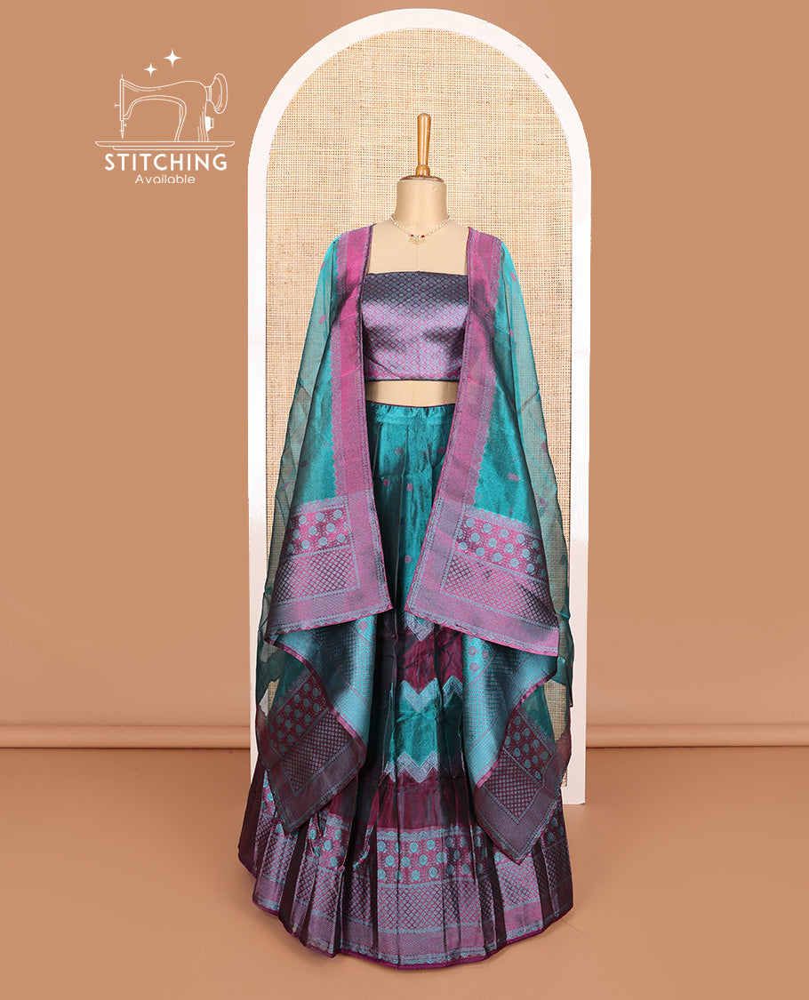 Blue art silk half-saree, buttas, and chevron design with traditional motifs border skirt, brocade blouse, traditional motifs thread woven dhavani, and detachable belt