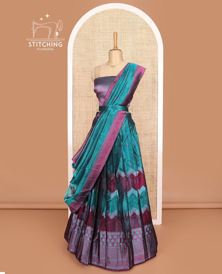 Blue art silk half-saree, buttas, and chevron design with traditional motifs border skirt, brocade blouse, traditional motifs thread woven dhavani, and detachable belt