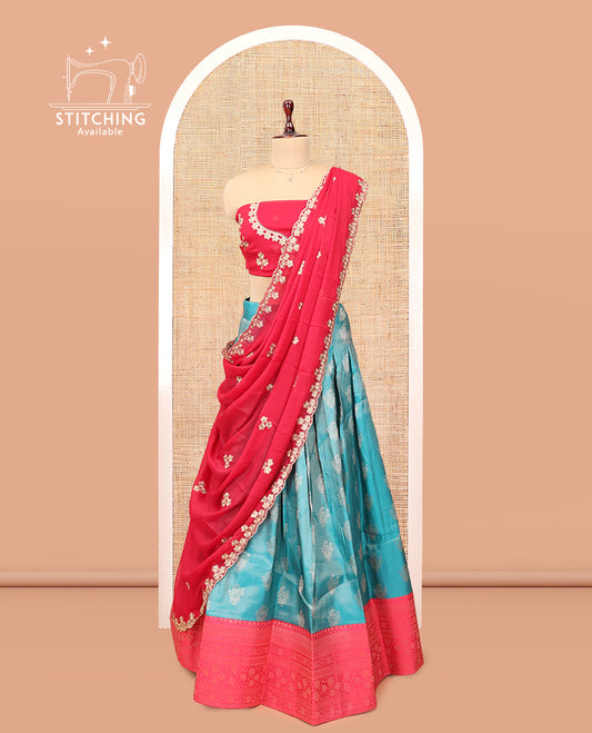 Blue Banarasi Half-Saree, Decorated with Buttas Skirt, a Contrast Traditional Border, Contrast Embroidered Blouse, and Contrast Scallop Embroidered Dupatta