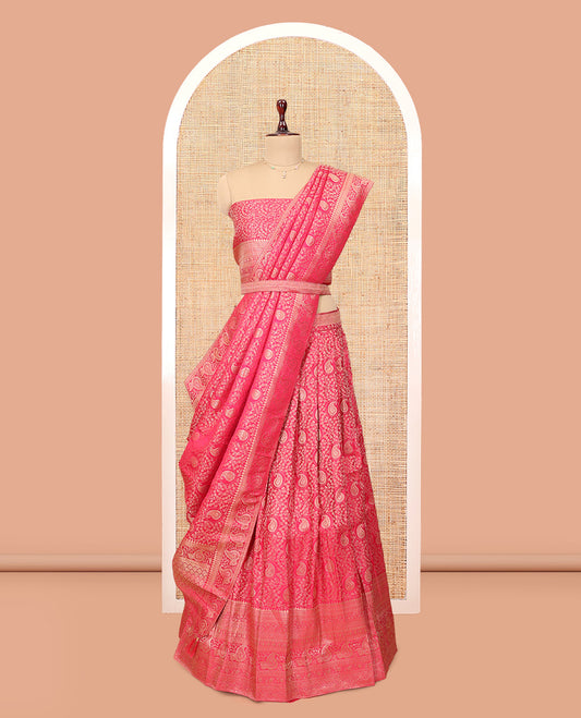 Pink Banarasi Half-Saree, Majestically Detailed with Jacquard Design Skirt, a Traditional Border, Matching Blouse, and Intricately Designed Dupatta