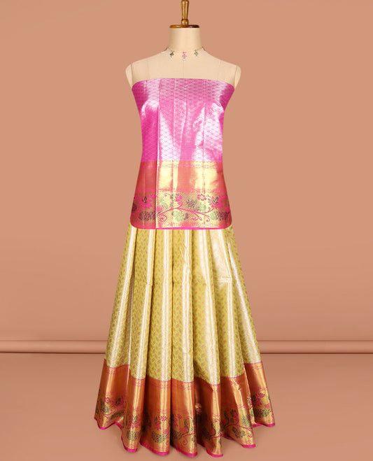 Yellow jacquard art silk half-saree, contrast zari design dhavani, traditional zari border & blouse of floral & peacock