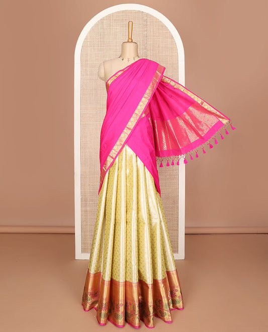 Yellow jacquard art silk half-saree, contrast zari design dhavani, traditional zari border & blouse of floral & peacock