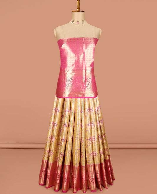 Yellow art silk half saree, meena floral jacquard with contrast traditional zari border skirt, jacquard contrast blouse, and zari jaal dhavani