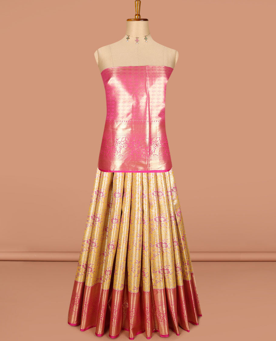Yellow art silk half saree, meena floral jacquard with contrast traditional zari border skirt, jacquard contrast blouse, and zari jaal dhavani