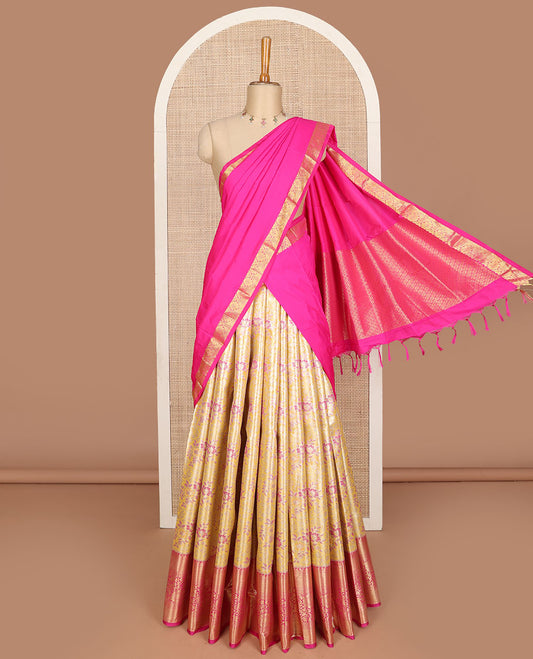 Yellow art silk half saree, meena floral jacquard with contrast traditional zari border skirt, jacquard contrast blouse, and zari jaal dhavani