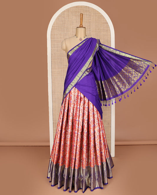 Red art silk half-saree pavadai material, jacquard with contrast traditional border skirt, jacquard blouse, and zari design dhavani