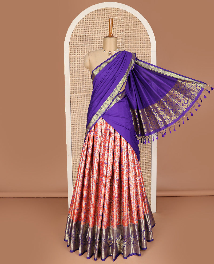 Red art silk half-saree pavadai material, jacquard with contrast traditional border skirt, jacquard blouse, and zari design dhavani