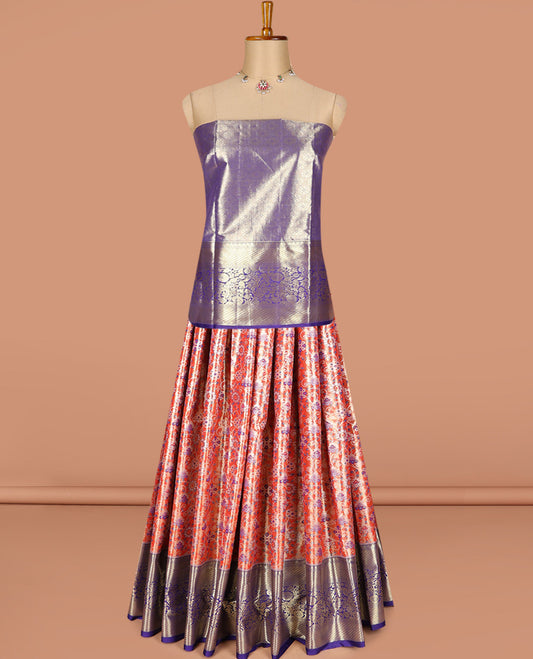 Red art silk half-saree pavadai material, jacquard with contrast traditional border skirt, jacquard blouse, and zari design dhavani