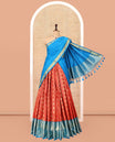 Red Art Silk Material Half Saree Set Featuring Jacquard Skirt, a Contrast Traditional Zari Design Border, Contrast Blouse, and Zari Designs Dhavani