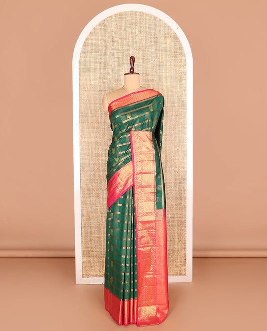 Green zari buttas, and checked budget silk saree, contrast traditional zari border, and zari-rich jaal pallu