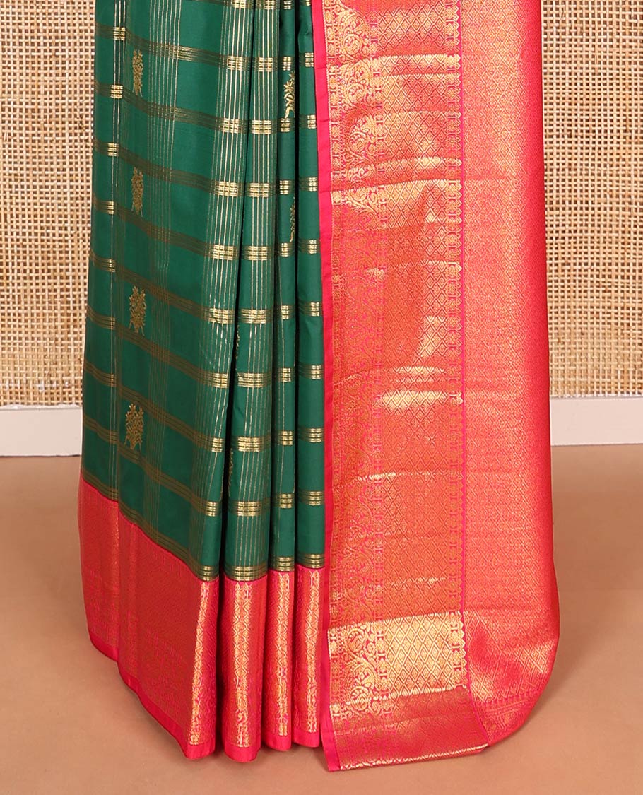 Green zari buttas, and checked budget silk saree, contrast traditional zari border, and zari-rich jaal pallu
