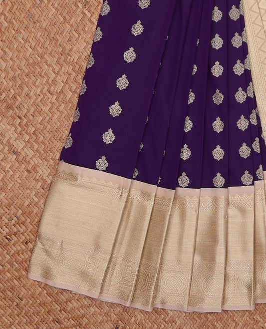 Violet zari buttas gift saree, contrast traditional zari design border, and jaal pallu
