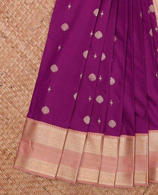 Purple zari buttas gift saree, contrast traditional zari design woven border, and zari design pallu