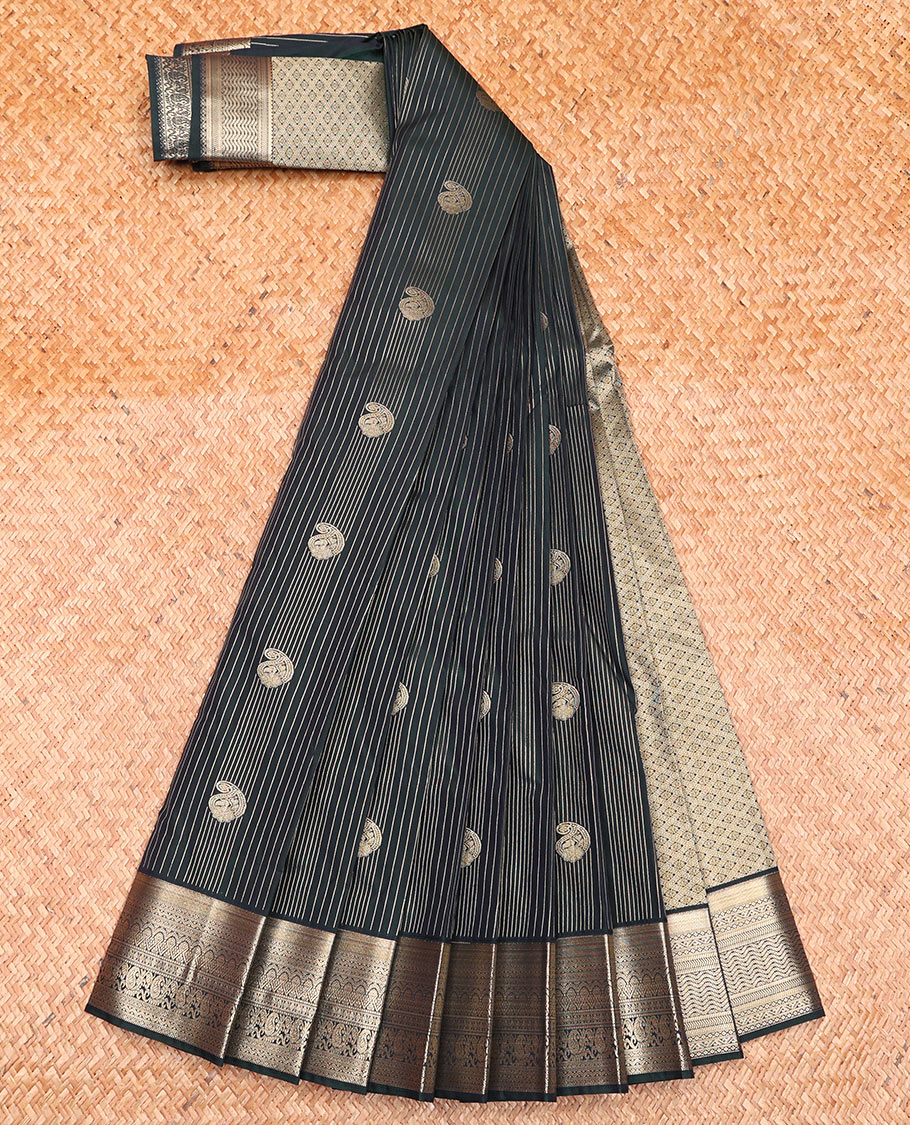 Black Budget Silk Saree Adorned with Zari Stripes and Paisley Buttas, Highlighted with a Traditional Zari Border, Zari Elevated Jaal Pallu, and Paired with a Matching Blouse