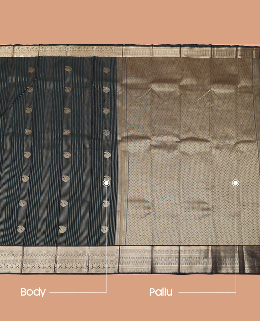 Black Budget Silk Saree Adorned with Zari Stripes and Paisley Buttas, Highlighted with a Traditional Zari Border, Zari Elevated Jaal Pallu, and Paired with a Matching Blouse