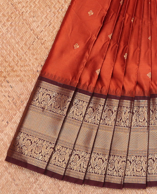 Rust Orange Budget Silk Saree Richly Detailed with Zari Buttas, Featuring a Contrast Traditional Zari-Design Border, Elevated with a Jaal-Designed Pallu, and Paired with a Contrast Zari-Bordered Blouse
