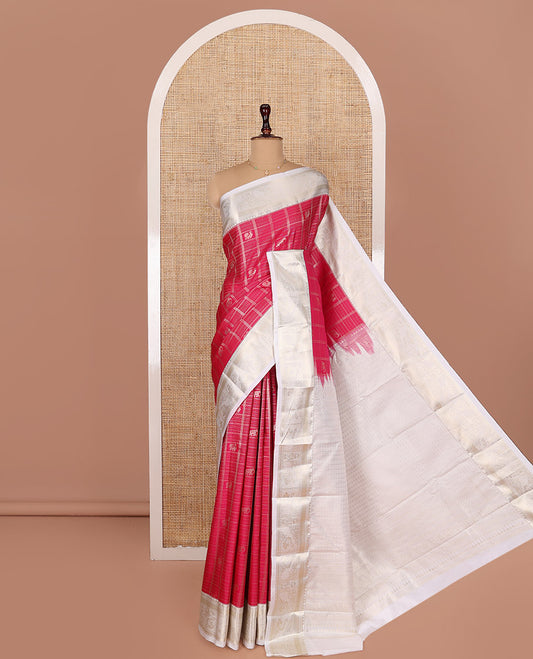 Pink Budget Silk Saree, Adorned with Peacock and Elephant Motif Enclosed Checks, Complemented by a Contrast Traditional Zari Designs Woven Border, Pallu of Jaal Designs, and Paired with a Contrast Blouse