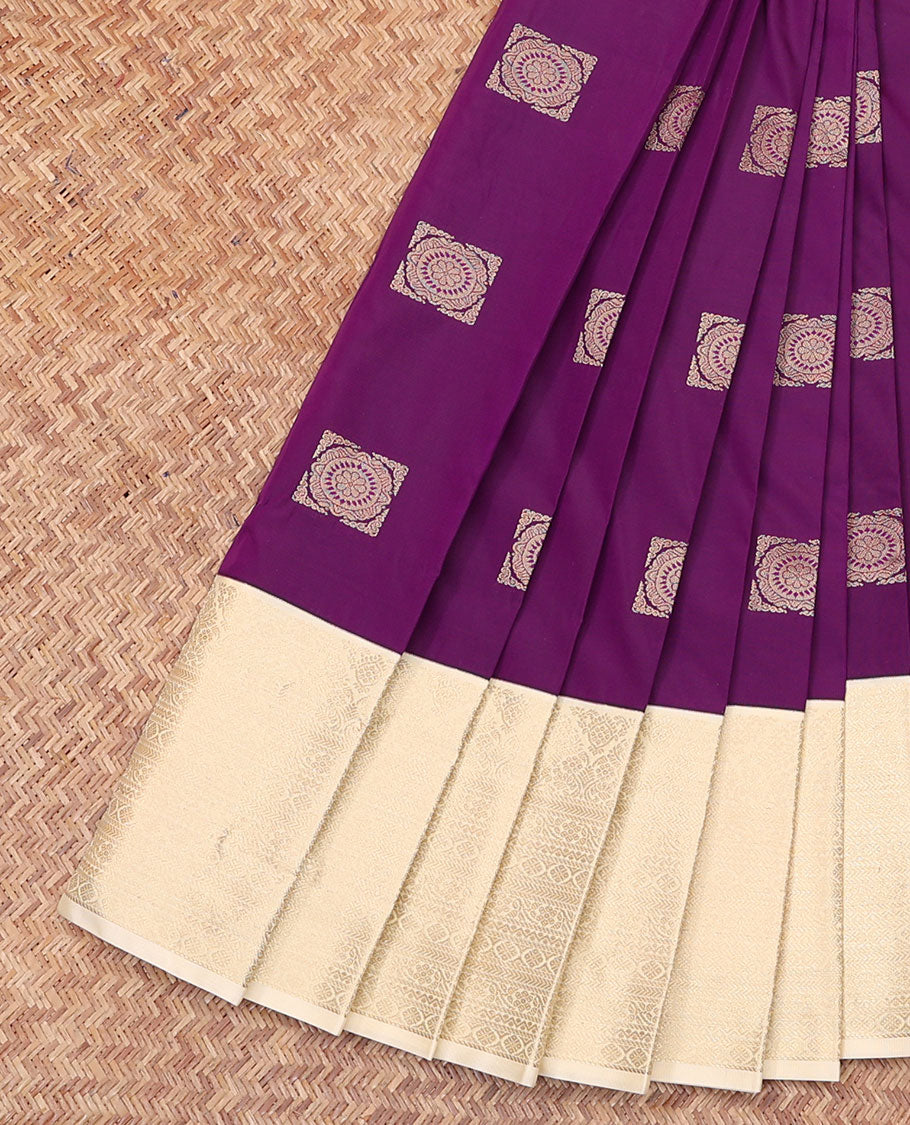 Purple Budget Silk Saree, Subtly Sparkled with Square-Buttas All Over Its Body, Complemented by a Contrast Traditional Zari Design Border, Sparsely Woven Geometric-Patterned Pallu, and Paired with a Contrast Blouse