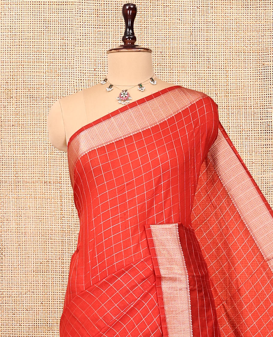 Red Assam Silk Saree, Adorned with Checks, Highlighted by a Traditional Border, a Self-Pallu, and a Matching Blouse
