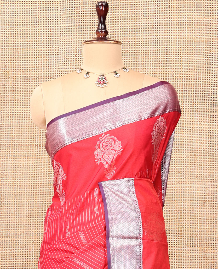 Red Budget Silk Saree, Accentuated with Zari Designs, Contrast Traditional Zari Border, Intricate Pallu, and a Contrast Blouse