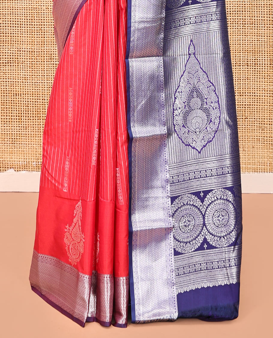 Red Budget Silk Saree, Accentuated with Zari Designs, Contrast Traditional Zari Border, Intricate Pallu, and a Contrast Blouse