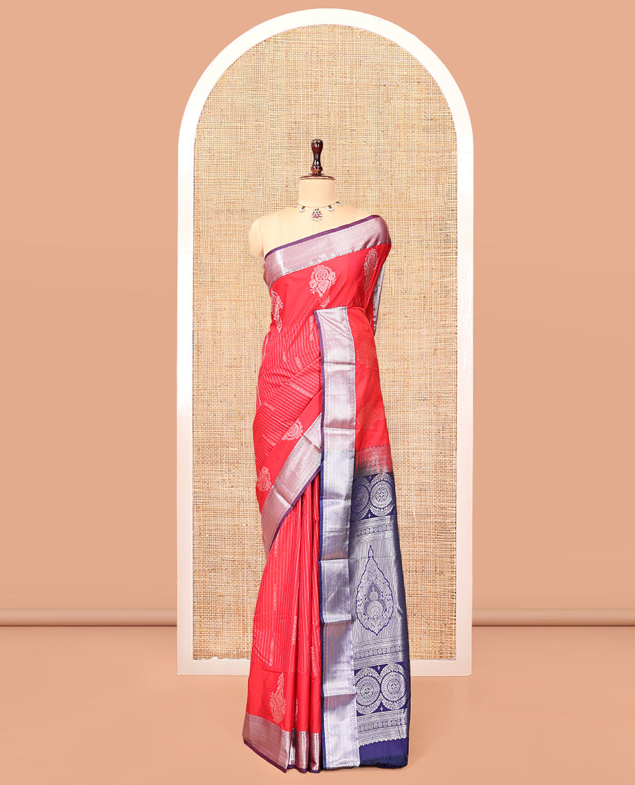 Red Budget Silk Saree, Accentuated with Zari Designs, Contrast Traditional Zari Border, Intricate Pallu, and a Contrast Blouse