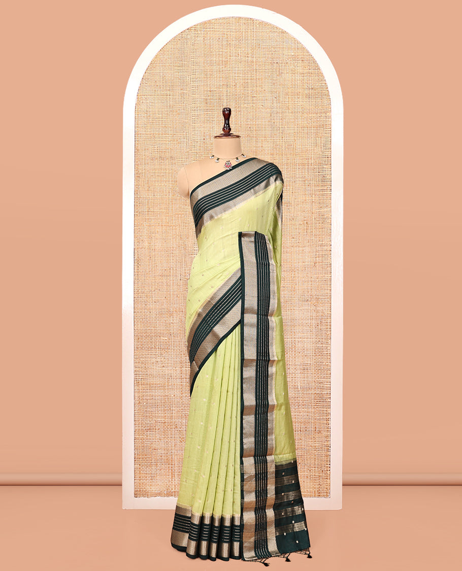 Light Green Assam Silk Saree, Sparsely Sparkled with Zari Buttas, Complemented by a Contrast Traditional Zari Border, Zari Design Pallu, and a Contrast Blouse