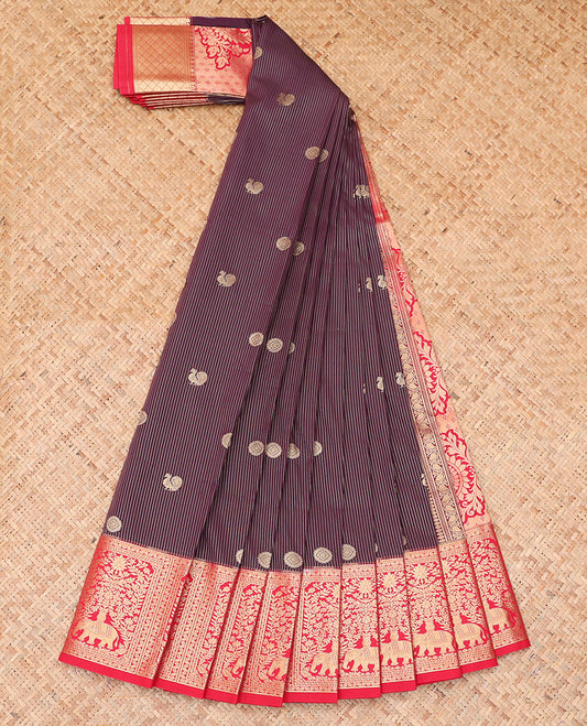 Maroon Budget Silk Saree, Adorned with Peacock-Chakram Buttas and Stripes, a Contrast Elephant Border, Paisleys Pallu, and a Contrast Blouse