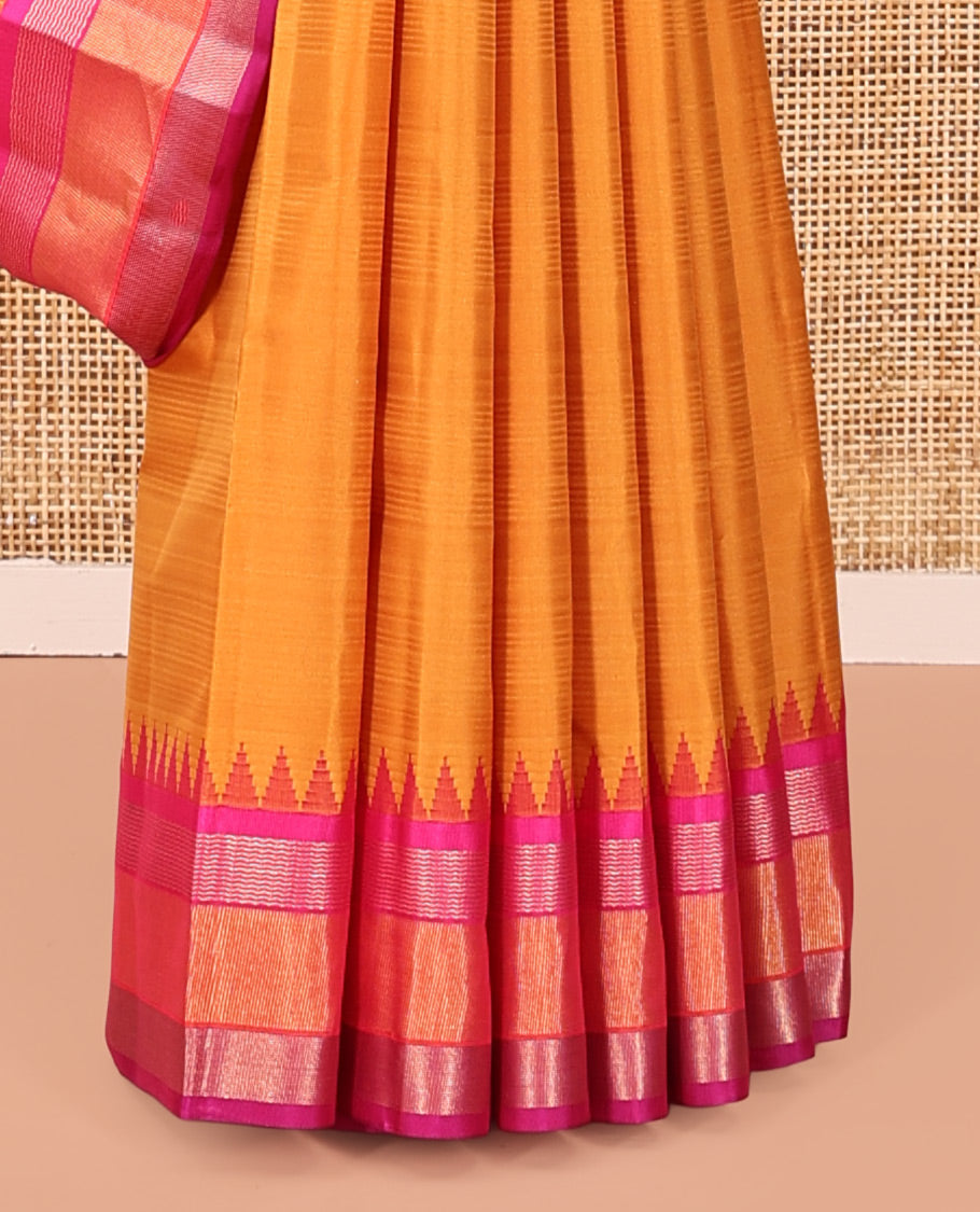 Orange-Striped Bangalore Silk Saree, Complemented by a Contrast Temple Ganga-Jamuna Border, Pallu of Temple and Neli Designs, and a Contrast Blouse
