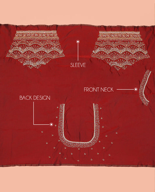 Red Aari Material Blouse Adorned with Scallop Designs in Sugar Bead and Zarkan Stone Mixed Embroidery
